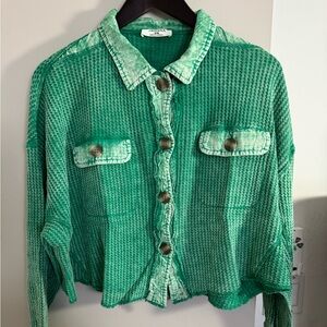 Zenana long sleeve button up . Waffle , cropped